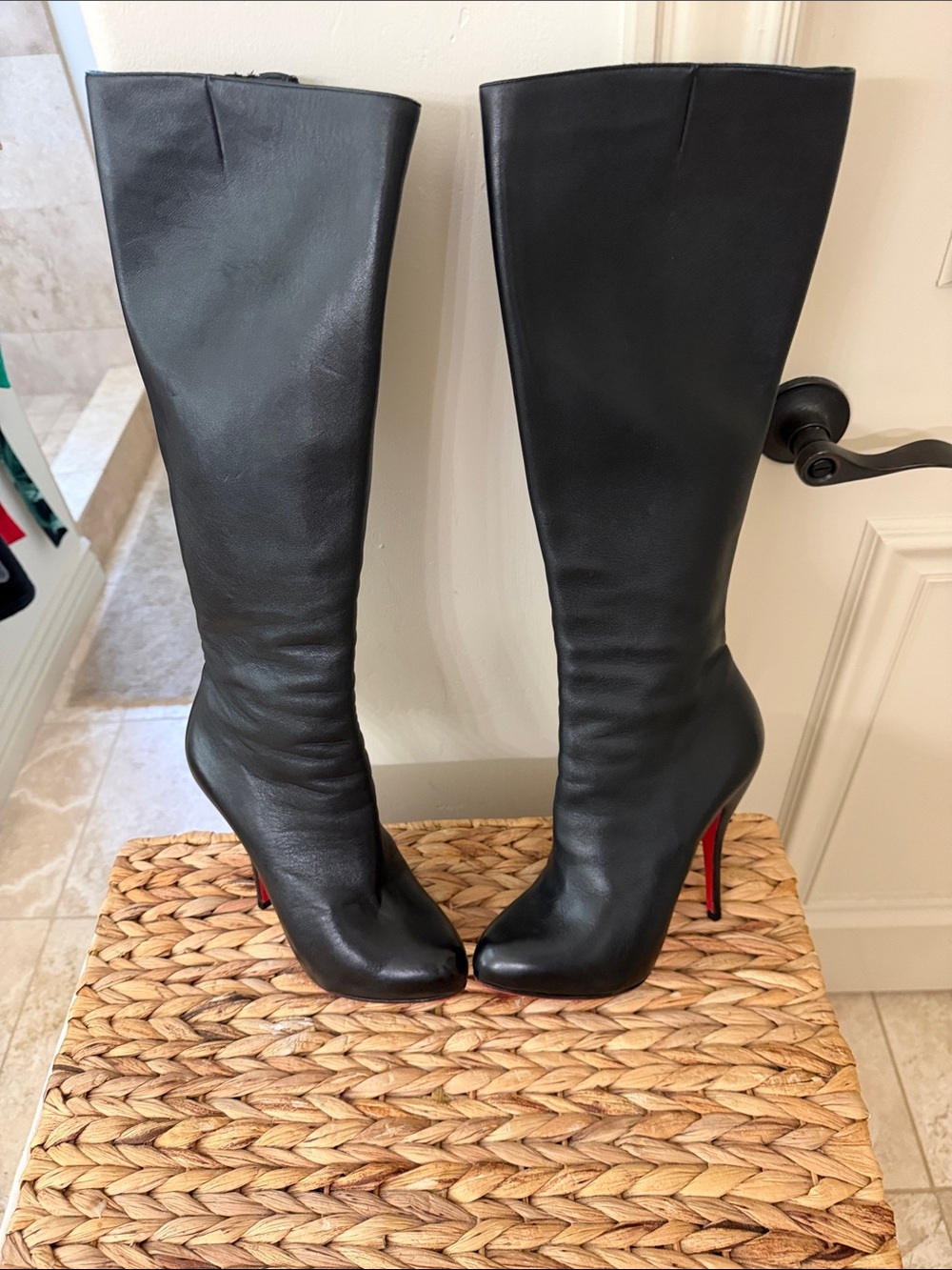 Christian Louboutin Black Knee-High Leather Boots with Red Sole, gorgeous!!!